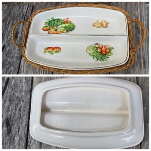 Vtg Divided Dish In Wicker Holder Vegetables Transferware Japan